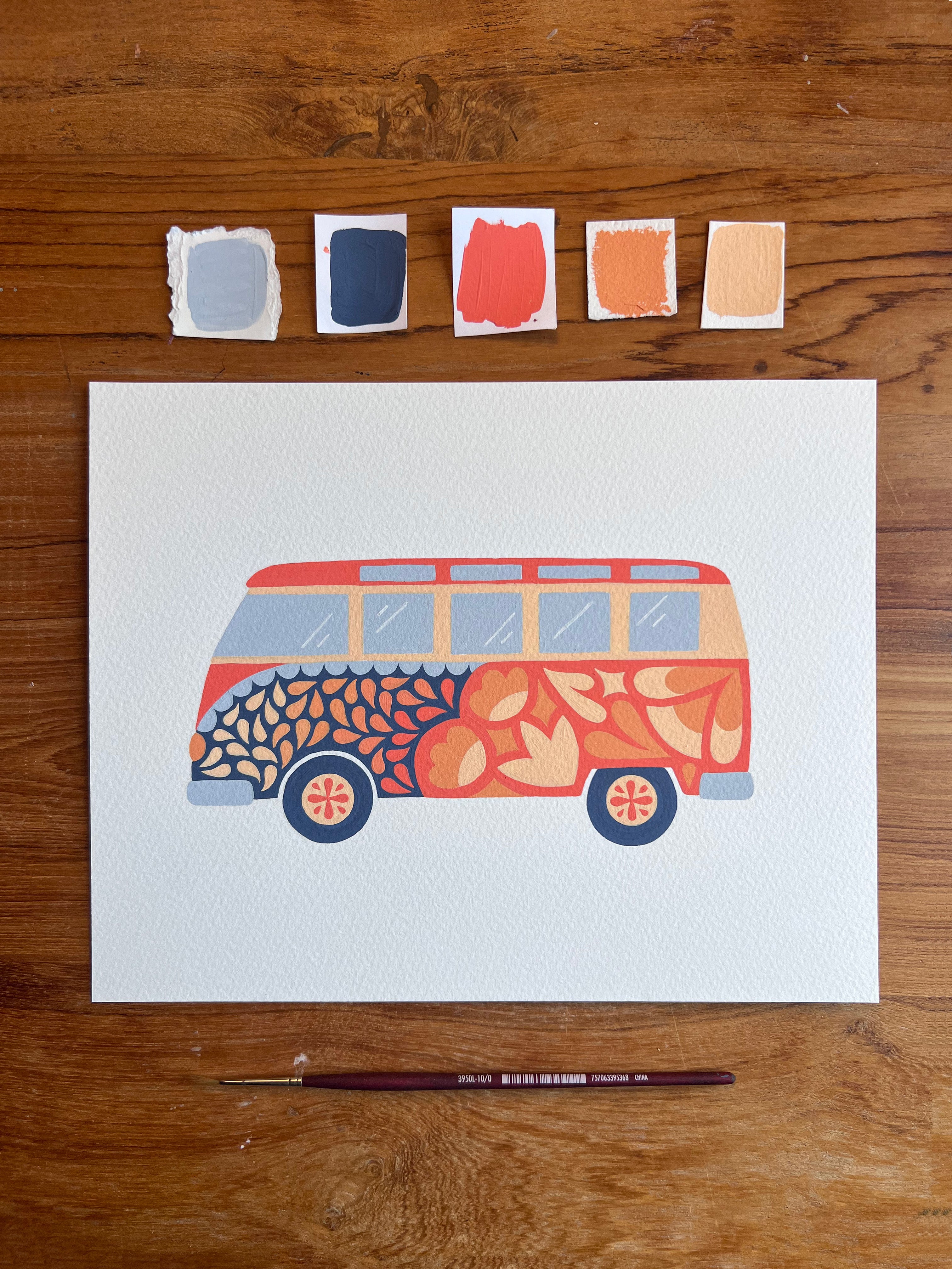 Bus 01 Original Painting - Acrylic Gouache on Cold Press Watercolor Paper