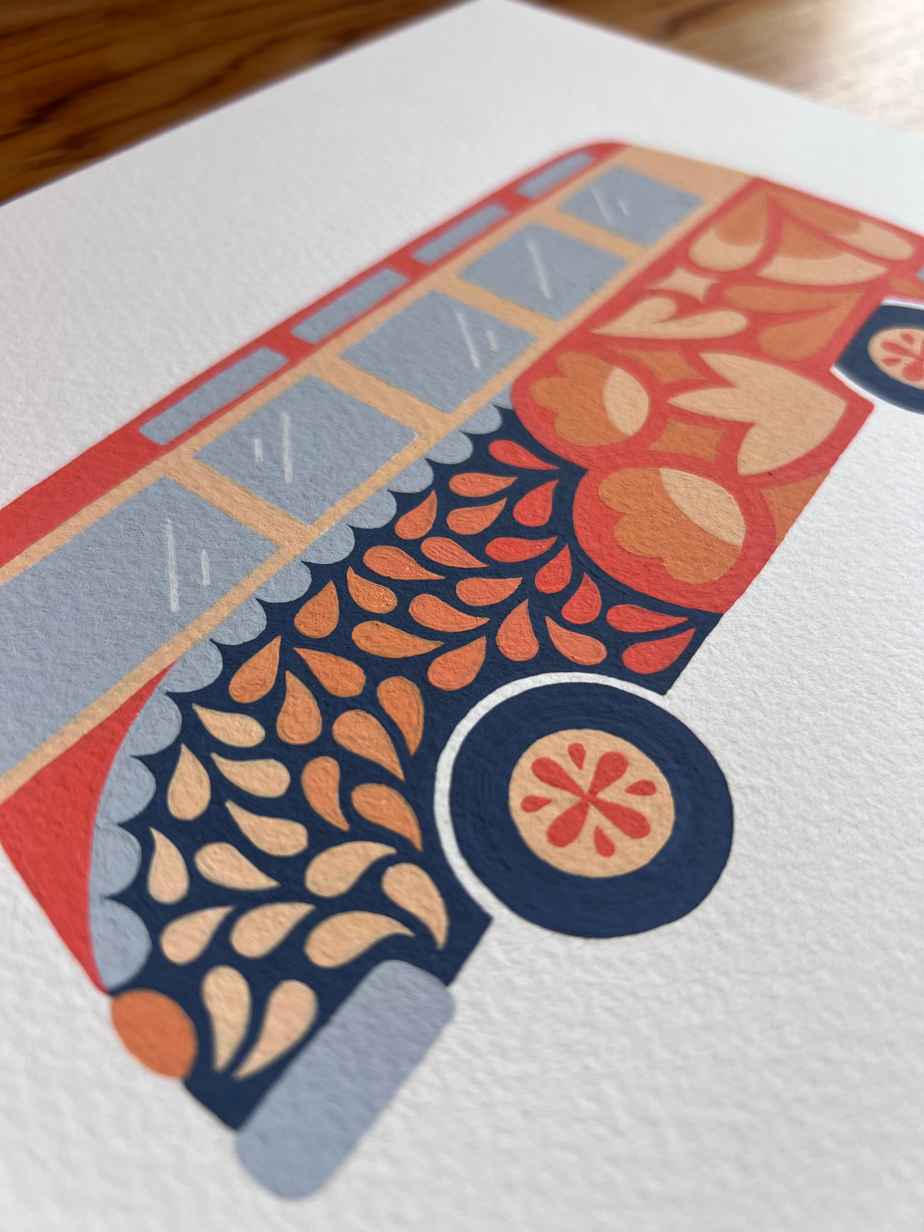 Bus 01 Original Painting - Acrylic Gouache on Cold Press Watercolor Paper
