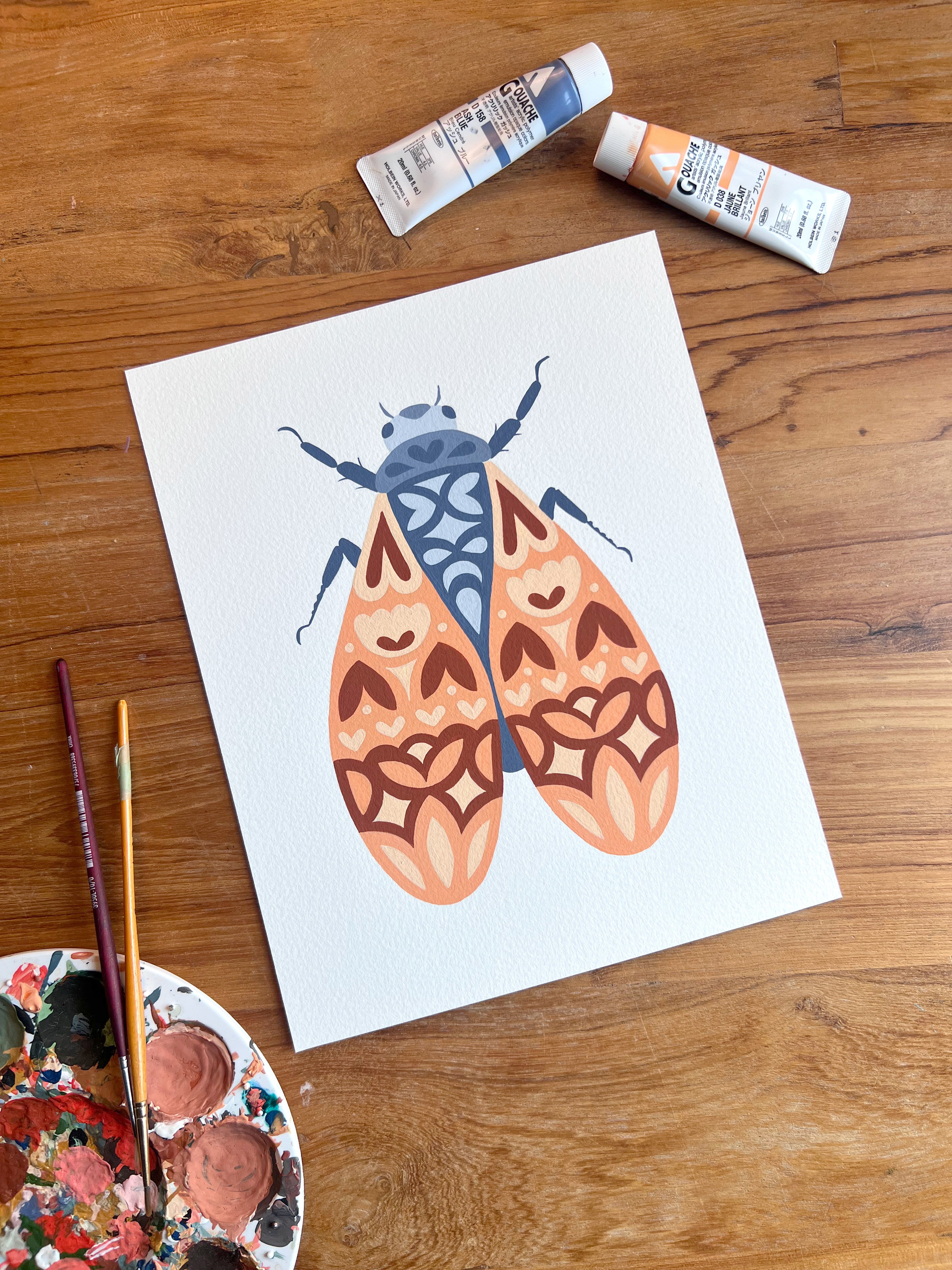 Cicada 01 Original Painting - Acrylic Gouache on Cold Press Watercolor Paper