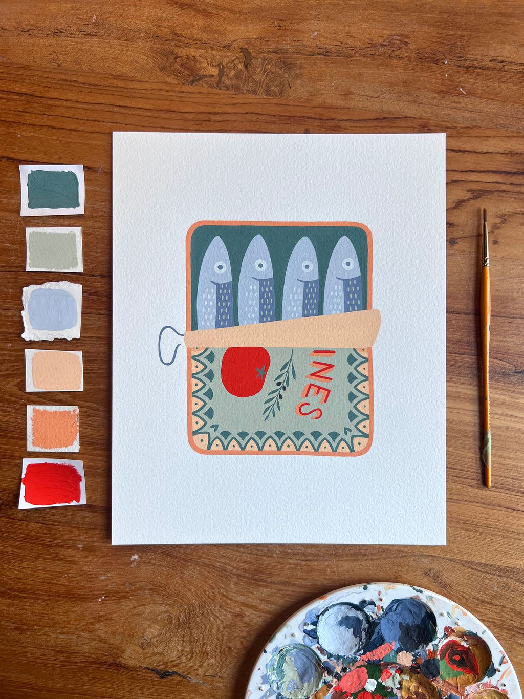 Sardines Original Painting - Acrylic Gouache on Cold Press Watercolor Paper