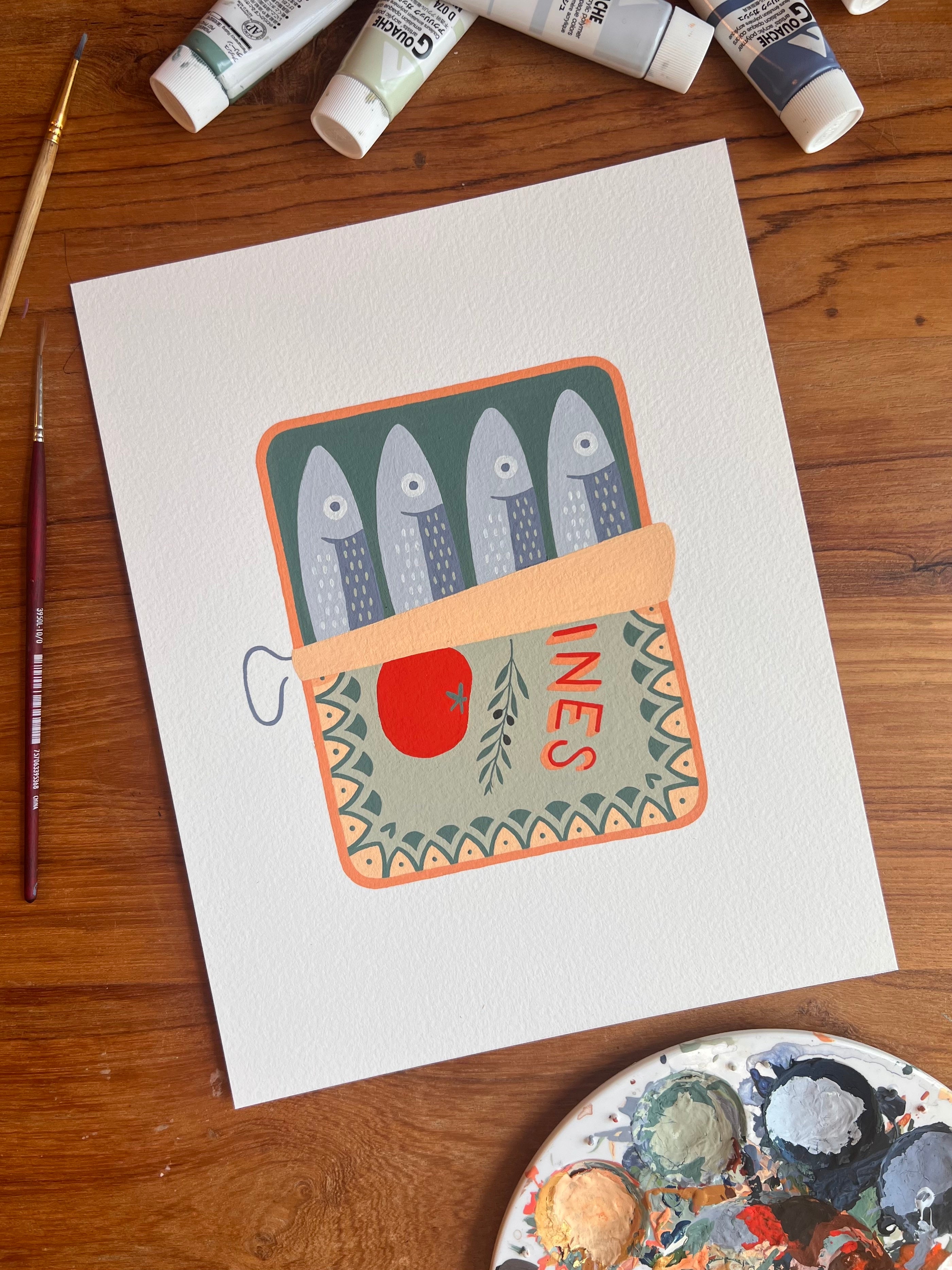 Sardines Original Painting - Acrylic Gouache on Cold Press Watercolor Paper