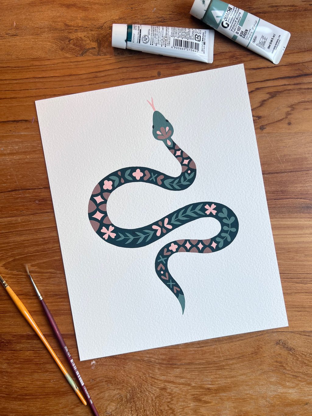 Snake Original Painting - Acrylic Gouache on Cold Press Watercolor Paper
