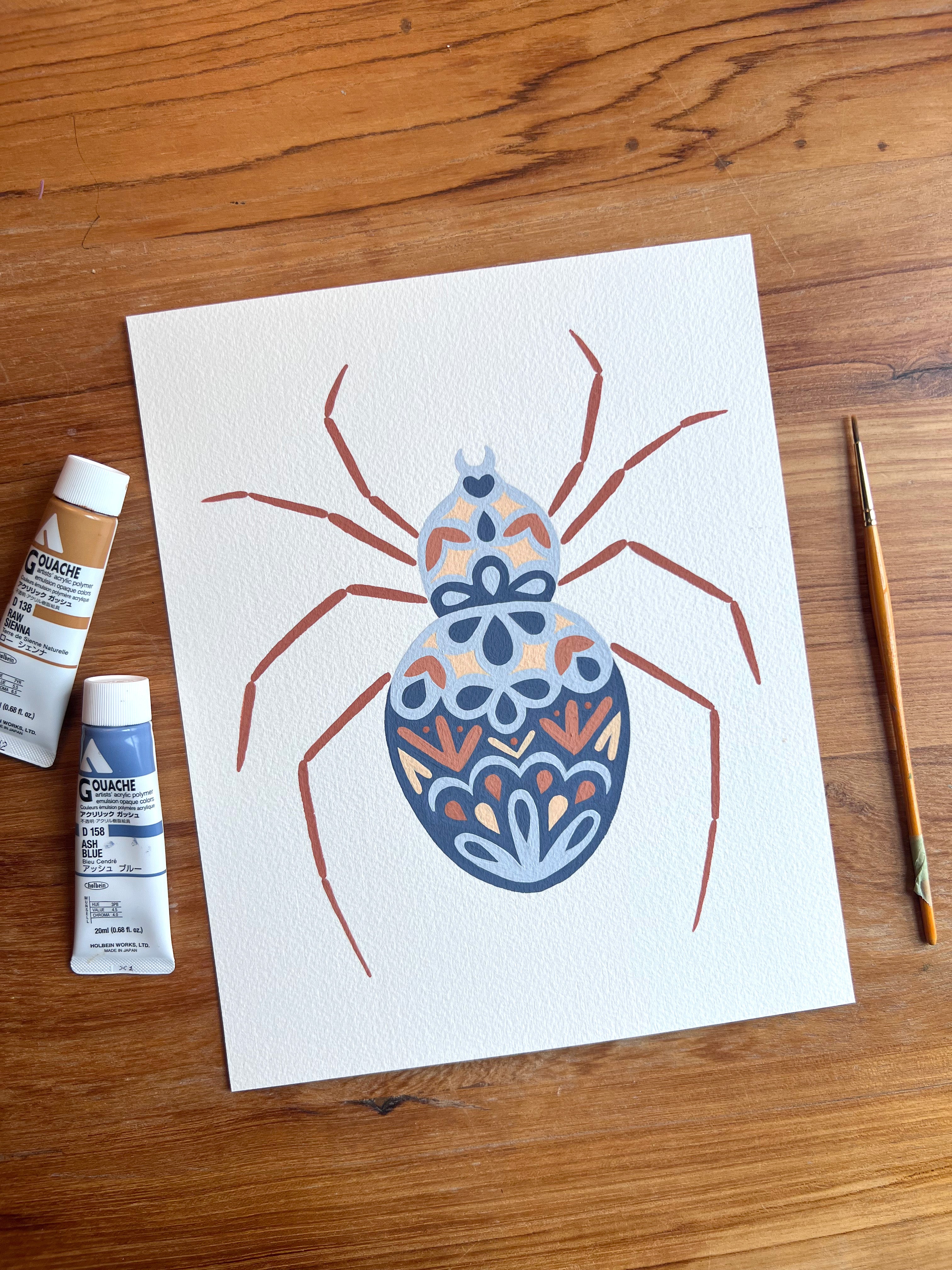 Spider Original Painting - Acrylic Gouache on Cold Press Watercolor Paper